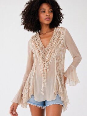 SKULLY LACE TRIM SILK BLEND TUNIC TOP